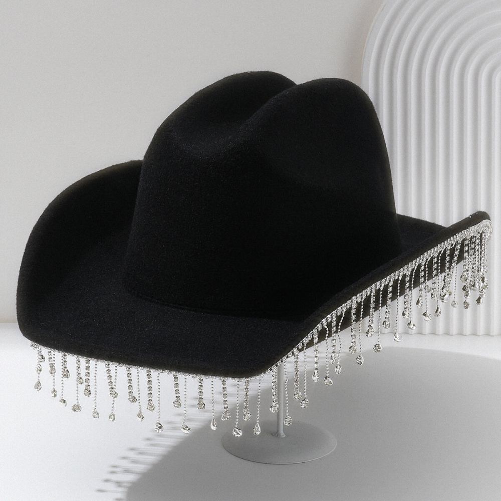 Zac's Alter Ego - Luxury Cowboy Hat with Dangling Chain Diamante Stones Chapeau - Chapeau de cowboy - Noir